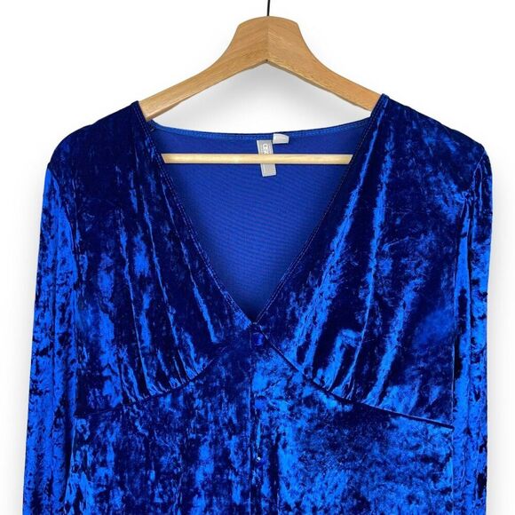 ASOS Velvet Long Sleeve Button Detail Mini Dress in Cobalt Blue - Picture 7 of 9